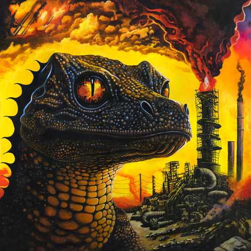 A vivid, fiery painting of a lizard like monster in an industrial, apocalyptic landscape